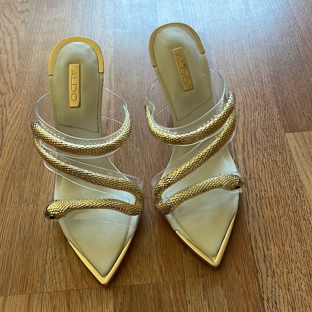 ALDO- White/ Gold Snake Mules (US 7) Padded Soles for comfort!!